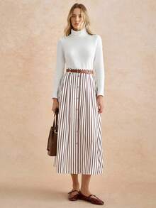 Écloséra 休闲时尚百搭弹性腰带搭配棕色皮带百褶长裙 - 咖啡棕 - 查看 3