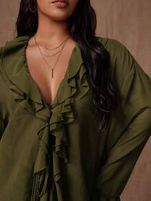 Rustia Áo cánh tay dài dáng rộng, thắt nơ phía trước, chất liệu voan mỏng, mỏng, hai lớp nhún bèo, màu trơn cỡ lớn dành cho nữ - xanh quân đội - Xem 3