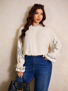 Elaquor Printed Casual Loose Fit Long Sleeve Plus Size Women Shirt - Apricot - View 4