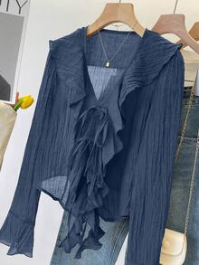 INAWLY French V-Neck Pleated Ruffle Tie Blouse - Navy Blue - View 4