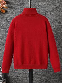 SHEIN Áo len chui đầu tay dài cổ cao đa năng thoải mái thường ngày cho bé trai tuổi teen, quần áo thu đông cho bé gái - Đỏ - Xem 2