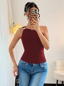 Rafferiza Bộ đồ liền thân không tay xếp ly ánh kim gợi cảm màu đen dành cho nữ - Màu Đỏ Sâu - Xem 5