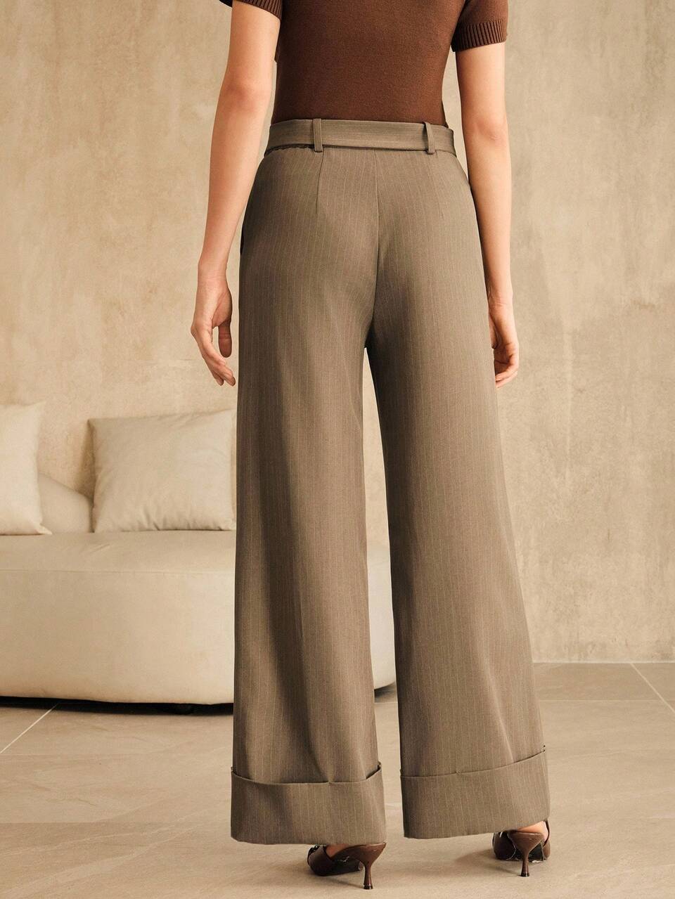 Women's Brown Striped Mid-Rise Straight-Leg Pants With Crease Detail,Belt&Folded Hem,Elegant,Office,Summer,Formal Work Graduation Wedding Party Wear