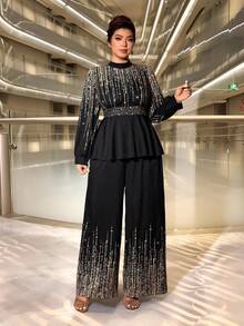 Cravure Christmas Eabrace Your Inner Shadow I Dark Feminine Fashion(Wednesday Aesthetic) Plus Size Elegant Women's Metallic Foil Shirt And Pants Two Pieces Set, Suitable For Back To School, Graduation, Valentine's Day, Music Festivals, Mother's Day, Halloween, Thanksgiving, Easter, National Day, Prom, Date Parties, Wedding Season, Outdoor Trips - Black - View 4