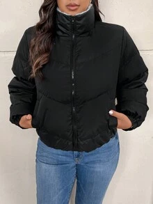 SHEIN Frenchy Plus Size Women Winter Fashion Versatile Fleece Jacket - Black - View 4