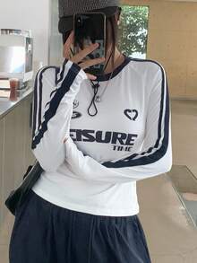 DAZY 字母印花条纹侧边拼接T恤衫，秋季女装长袖上衣图案T恤 - 白色 - 查看 5