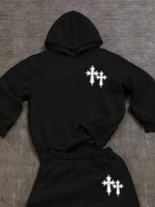 SHEIN 青少年男孩秋季新品休闲风格涂鸦手绘星星和字母印花运动街头服饰 Y2K 长袖连帽衫套装，适合秋冬 - 黑色 - 查看 6