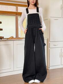 Rivivi 女式休闲水洗阔腿牛仔背带裤 - 黑色 - 查看 4