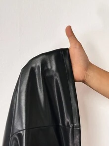 BamGleam 女式纯色长袖 PU 皮革流苏腰部西装外套 - 黑色 - 查看 8
