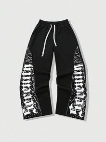 ROMWE MEN Street Life Pantalones de chándal rectos con cremallera y estampado de retazos, estilo casual de calle, unisex, para otoño/invierno - Negro - Ver 6
