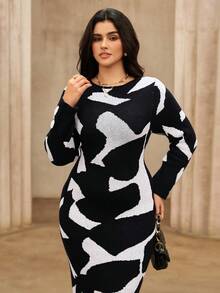 Roveilla Robe moulante en tricot à manches longues élégante pour femmes grandes tailles, convient pour le travail - Noir - Voir 7