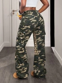 BamGleam Camouflage & Leopard Print Patchwork Cargo Jeans For Women - Army Green - View 2