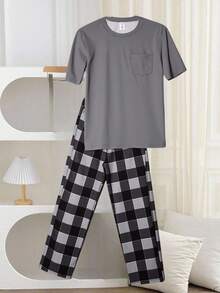 SHEIN 2 pièces/Set Pyjama pour garçons adolescents, T-shirt à manches courtes de couleur unie décontracté et pantalon imprimé à carreaux - Multicolore - Voir 4