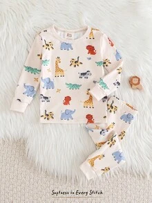 Cozy Pixies Baby Boy Cartoon Animal Print Soft Knit Crew Neck Long Sleeve Top And Elastic Waist Long Pants 2-Piece Snug Fit Pajama Set Dinosaur Pajamas Baby Boy Clothes Dinosaur Baby Pajama Set Baby Pj Set Fall Winter - Multicolor - View 3
