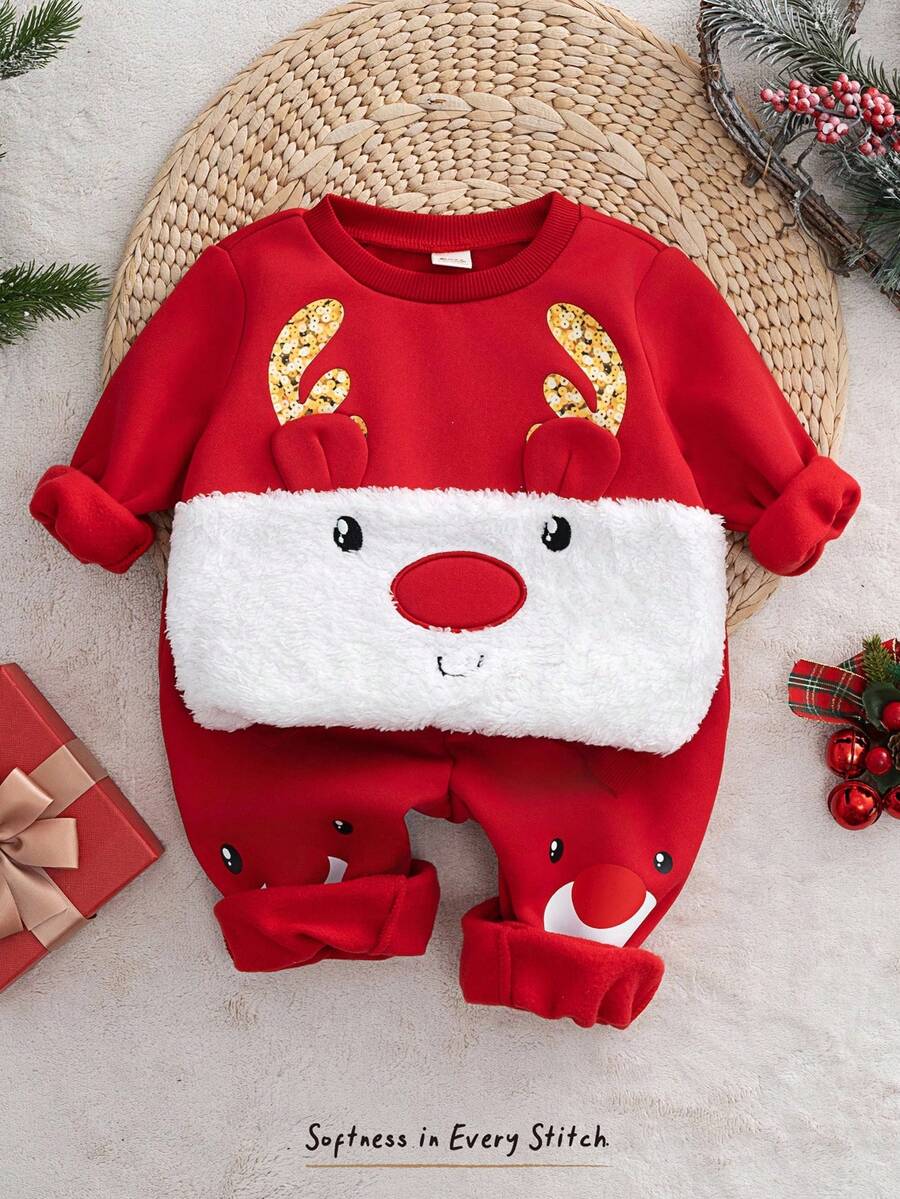 Cozy Pixies 2pcs/Set Baby Boy/Girl Christmas Reindeer Pattern Contrast Color Knit Soft Round Neck Long Sleeve Pullover Sweatshirt And Elastic Waist Ankle Length Pants, Comfortable Versatile Casual Basic Style, Suitable For Indoor, Outdoor, Daily Wear, Sports, Play, Party, Festival, Halloween, Christmas, New Year In Autumn/Winter - Red - View 1