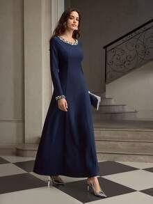 ZEYLAH Elegant Minimalist Rhinestone Embellished Long Dress For Women - Royal Blue - View 5