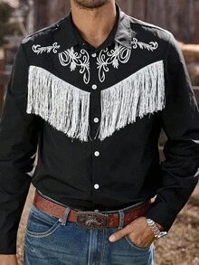 Manfinity Nomadique Men's Retro Contrast Color Long Sleeve Shirt With Front Button-Down And Fringe Decor, Rodeo Shirt Men Western Shirts Western Shirt With Fringe, Fall