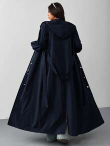 SHEIN EZwear 海军蓝加大码连帽防水长款风衣，秋冬 - 藏蓝色 - 查看 3