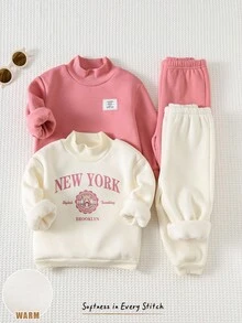 Cozy Pixies 4pcs Baby Girl Casual Set: Soft Knit Letter Pattern Turtleneck Sweatshirt & Elastic Waist Bell-Bottom Pants Fall Winter - Pink - View 8