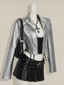 SHEIN ICON 女式银色休闲短款拉链修身 PU 皮夹克，秋季 - 銀色 - 查看 3