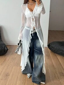 Coolane 女士秋季/四季皆宜的锐舞文艺复兴集市嬉皮音乐节辣妹网纱吊带荷叶边缎带长外套 - 白色 - 查看 1