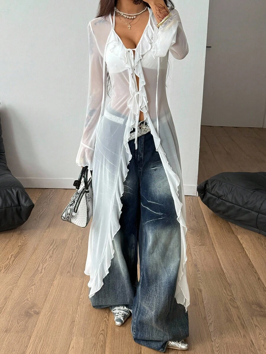 Coolane 女士秋季/四季皆宜的锐舞文艺复兴集市嬉皮音乐节辣妹网纱吊带荷叶边缎带长外套 - 白色 - 查看 1