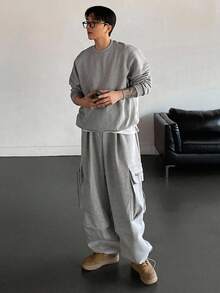 DAZY Men's Thermal-Lined Grey Utility Pocket Drawstring Hem Pullover Sweatshirt Set, Autumn/Winter - Grey - View 7