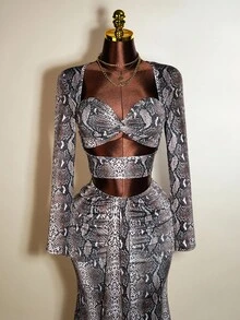 Mistrie 2 件套：时尚性感蛇皮印花镂空短款上衣和超长裙 - 彩色 - 查看 3