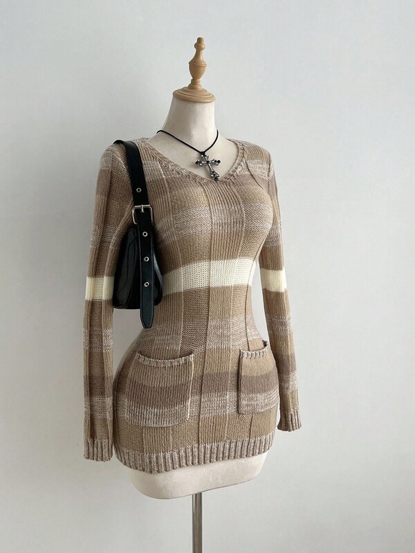Elamini Colorblock Striped V-Neck Long Sleeve Casual Pocket Knit Dress, Fashionable