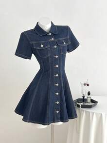 Elamini Women's Fashionable Casual Single-Breasted Denim Dress - Blue - View 8