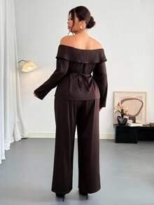 Firerie Conjunto de 2 peças, Top Casual Ombro à Mostra de Manga Longa e Calça, Plus Size - Café - Visão 2