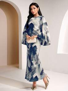 Veilorie Women's Tie-Dye Print Round Neck Flare Sleeve Ruched Fishtail Hem Elegant Dress