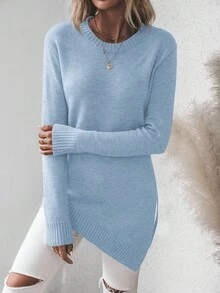 EMERY ROSE Casual Solid Color Asymmetric Hem Side Slit Sweater, Autumn/Winter - Baby Blue - View 4