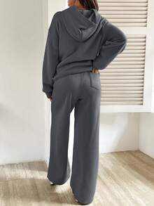 SHEIN 2 件套孕妇纯色落肩长袖连帽运动衫和可调节腰部运动裤，秋冬休闲装 - 深灰色 - 查看 2