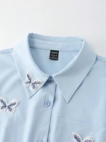 SHEIN 女式优雅纯色 3D 蝴蝶装饰收腰长袖衬衫 - 藍色 - 查看 5