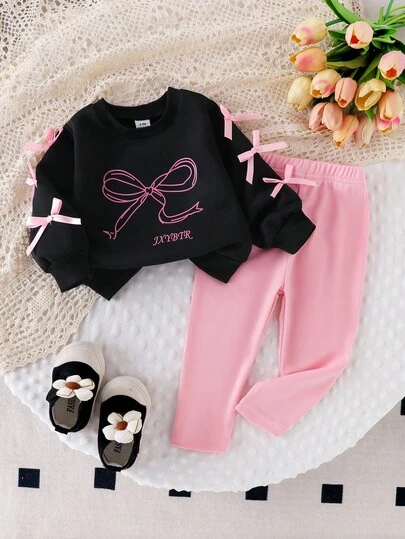 2 件套女婴休闲蝴蝶结印花长袖运动衫和紧身裤套装，可爱又时尚，适合秋季