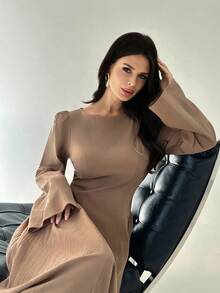 Firerie Váy cotton nguyên chất màu nâu, dáng chữ A, cổ thuyền, eo thắt, tay loe, đơn giản, phong cách đường phố, thời trang thu đông dành cho nữ - màu nâu - Xem 6