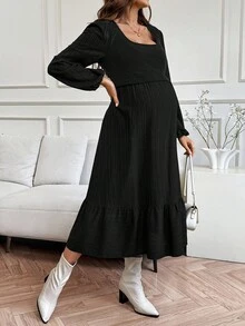 SHEIN 孕妇纯色方领灯笼袖休闲哺乳连衣裙