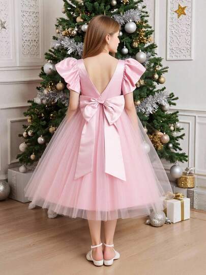 Pitira Tween Girls' Sweet Bowknot Mesh Dress, Flower Girl Dress For Wedding Party, Birthday Party Pink Dress Girls Pink Bow Dress Girls Pink Dress Kids Pink Dress Girls Dress Pink Girls Dress With Bow Girls Special Occasion Dress Girls Special Occasion Dress Pink Girls Pink Tulle Dress Kids Dresses Pink Kids Elegant Dress Elegant Pink Bow Girls Dress,Christmas Dress,Christmas Party Dress Fall Winter