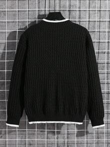 SHEIN Tween Boy 拼色纹理提花字母针织毛衣，适合冬季、旅行和上学 - 黑色 - 查看 2