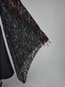 ROMWE EDITION 加大码哥特式提花花卉蕾丝喇叭袖复古优雅连衣裙，不对称下摆系带腰长裙，适合秋冬季，哥特式复古正式派对礼服 - 彩色 - 查看 5