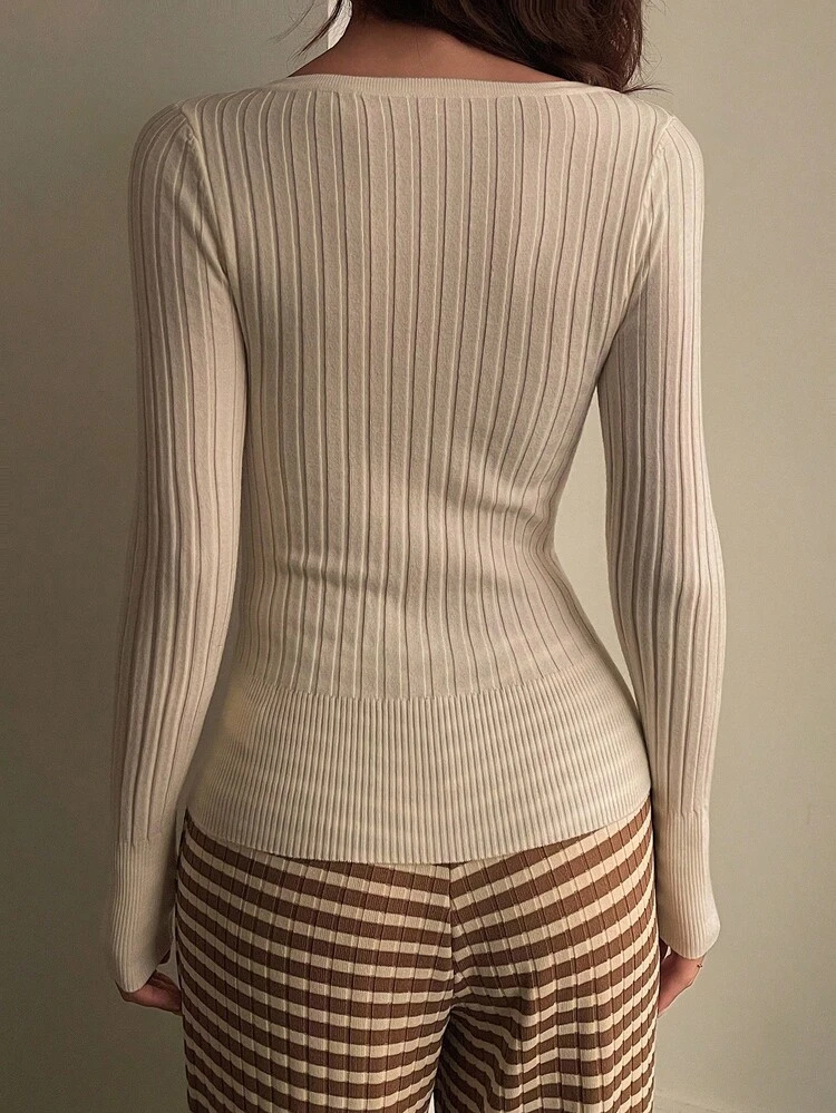 Women's Casual Solid Color Slim Fit Ribbed Sweater, Autumn