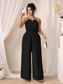 Rometta Plus Size Women's Casual Pleated Fabric Spaghetti Strap Beaded Waist Button & Bowknot Design Black Jumpsuit, Suitable For Spring/Summer, Back To School, Graduation, Valentine's Day, Music Festival, Mother's Day, Halloween, Thanksgiving, Easter, National Day, Prom, Date Party, Wedding, Outdoor Trips