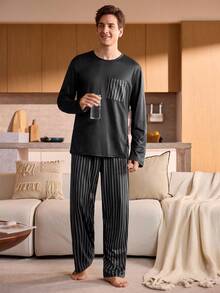 Manfinity Underwear&Sleepwear Basics 2pcs/Set Plus Size Men's Striped Crew Neck Long Sleeve Top And Striped Pants Pajama Set (Comfortable Loungewear) - Black - View 4