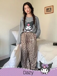 HELLO KITTY AND FRIENDS | SHEIN DAZY 女童圆领针织卡通图案长袖T恤+豹纹裤睡衣套装，秋季 - 灰色 - 查看 3