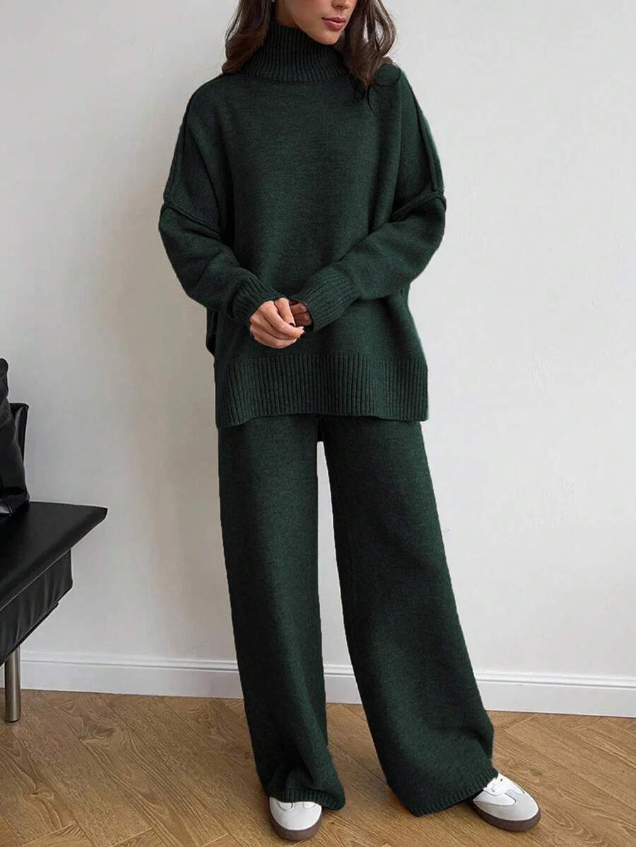Cévolie Women High Neck Split Hem Long Sleeve Top And Pants Knit 2 Pieces Set