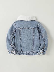 SHEIN Vintaside Kids 女童牛仔夹克和外套，全新秋冬系列，中蓝色牛仔布，学院风，可爱优雅，修身休闲，可拆卸荷叶边袖口和衣领，柔软棉质衬里，适合日常穿着、派对、旅行、返校