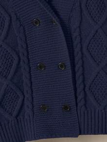 SHEIN 1pc Boys' Retro Style Cardigan, Cable Knit Double-Breasted Classic Striped V-Neck, Regular Sleeve, Neat Hem, Light Gray Classic Knit Sweater, Versatile Casual Jacket, Well-Made, Suitable For Spring And Autumn Fall Winter - Navy Blue - View 5