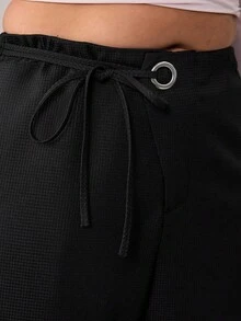 Solflare Plus High Waist Knot Side Wide Leg Pants - Black - View 9