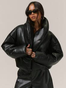 MUSERA Thick Padded Fold Over Collar Faux Leather Coat Night Out Autumn Fall Winter Back To School Everyday Outerwear Party Elegant Evening Spring - Black - View 1